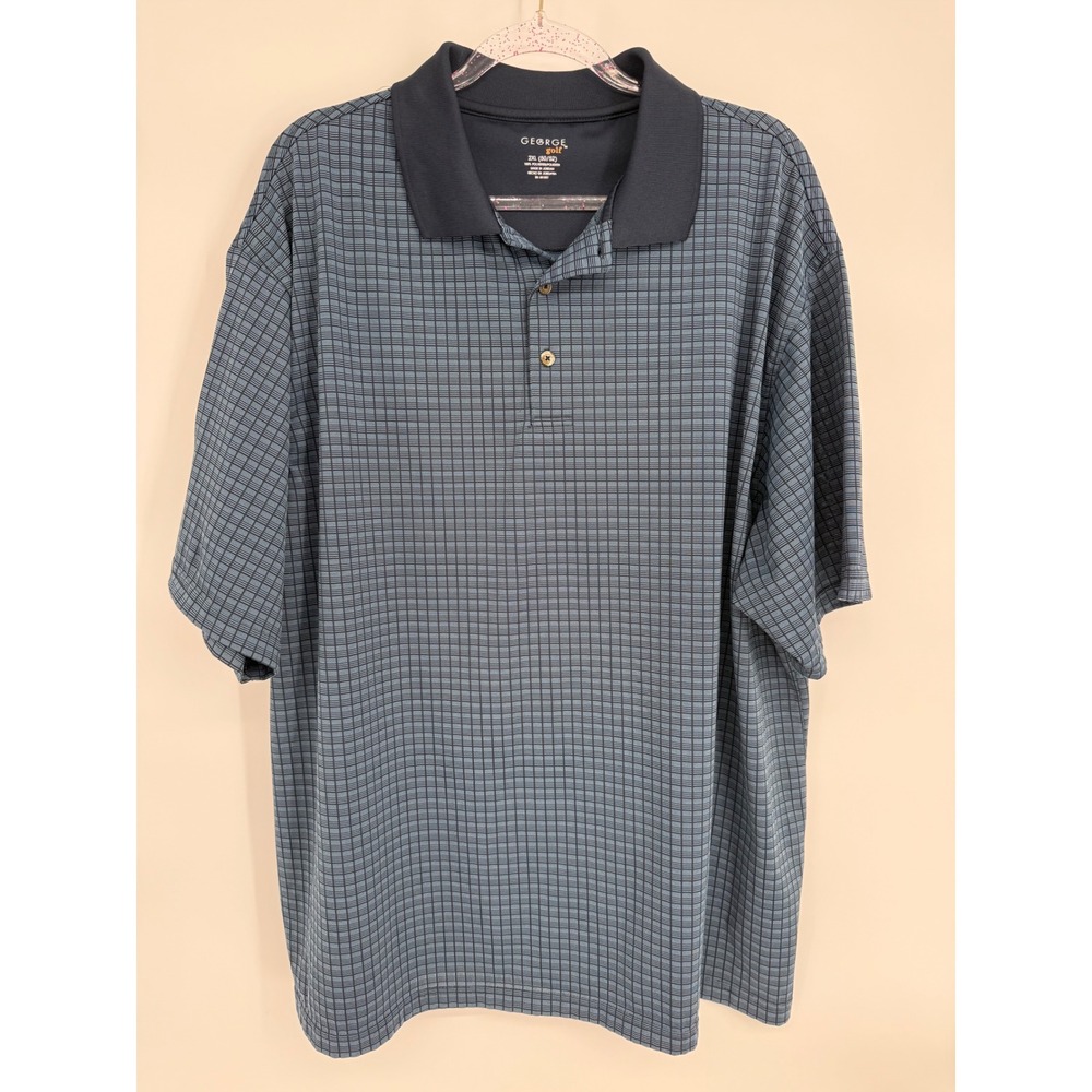 George Golf Mens Sz 2XL 50/52 Polo Shirt Navy Blue Grey Micro Grid Short Sleeve